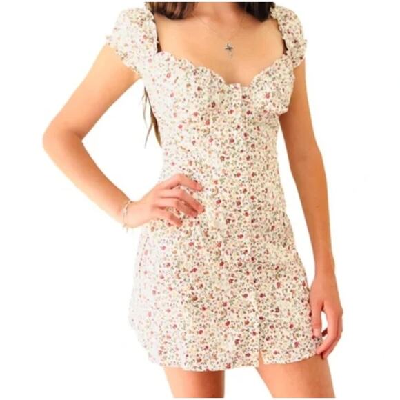 Sweet Pot Mini Floral Button Down Peasant Dress (2) | Cream & Blue | AU 8/US 4 - Picture 2 of 16